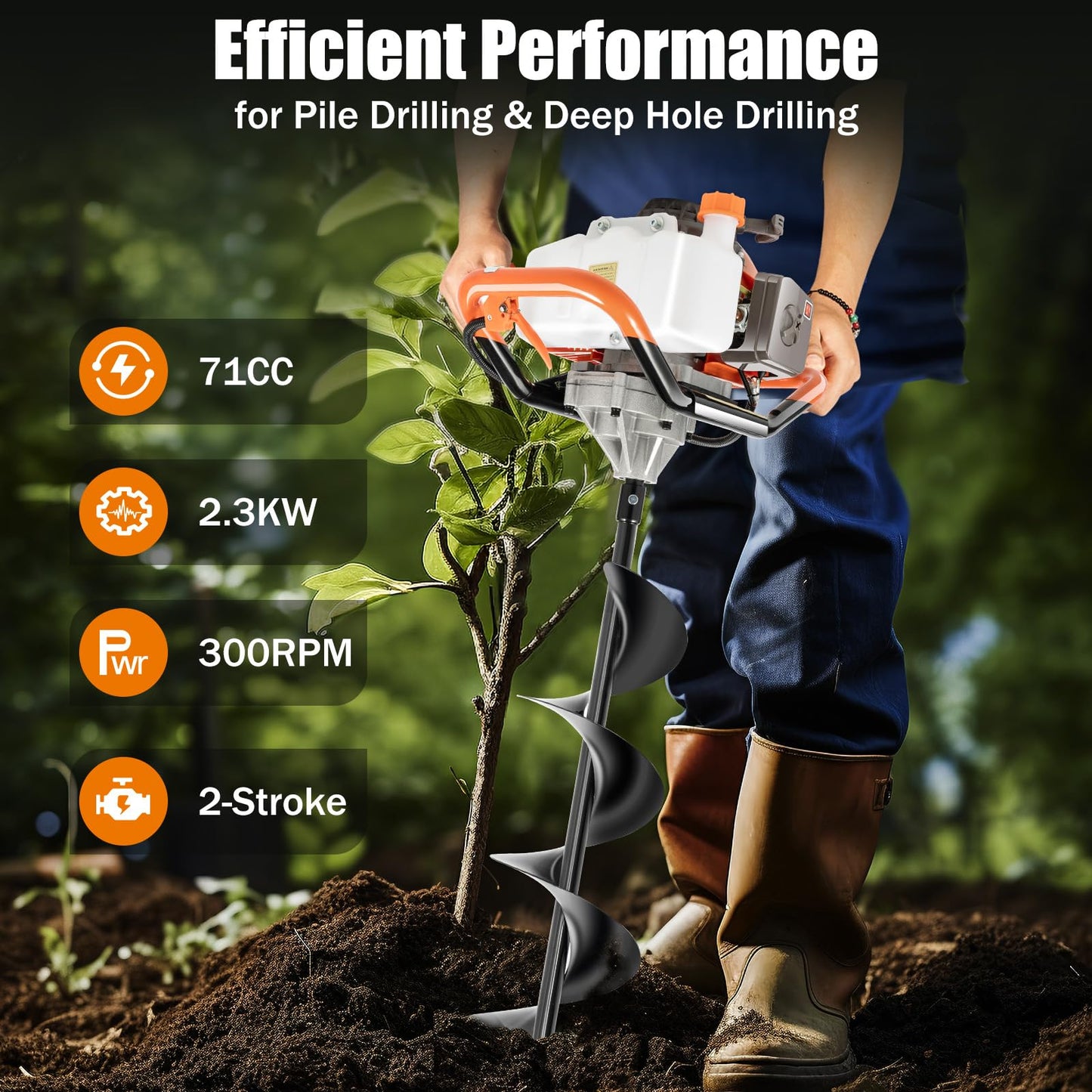 71CC 2-Stroke Gas Powered Earth Auger Post Hole Digger with 4"/6"/8" Drills, 3.13HP Hole Digging Machine Auger Spiral Drill Bit Borer Fence Ground Drill for Garden & Lawn Digging Planting Drilling