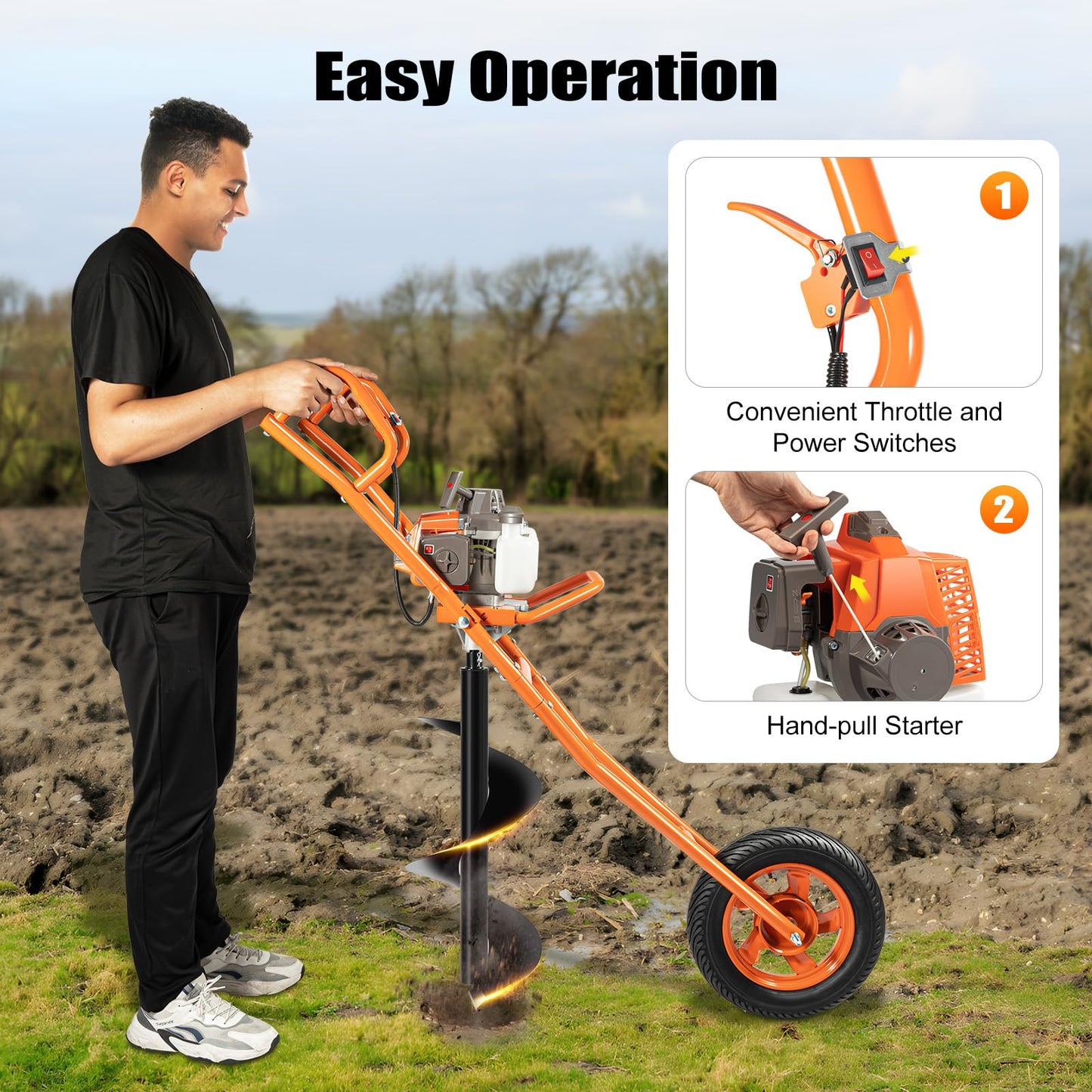 71CC 2-Stroke Gas Powered Earth Auger Post Hole Digger with 4"/6"/8" Drills, 3.13HP Hole Digging Machine Auger Spiral Drill Bit Borer Fence Ground Drill for Garden & Lawn Digging Planting Drilling