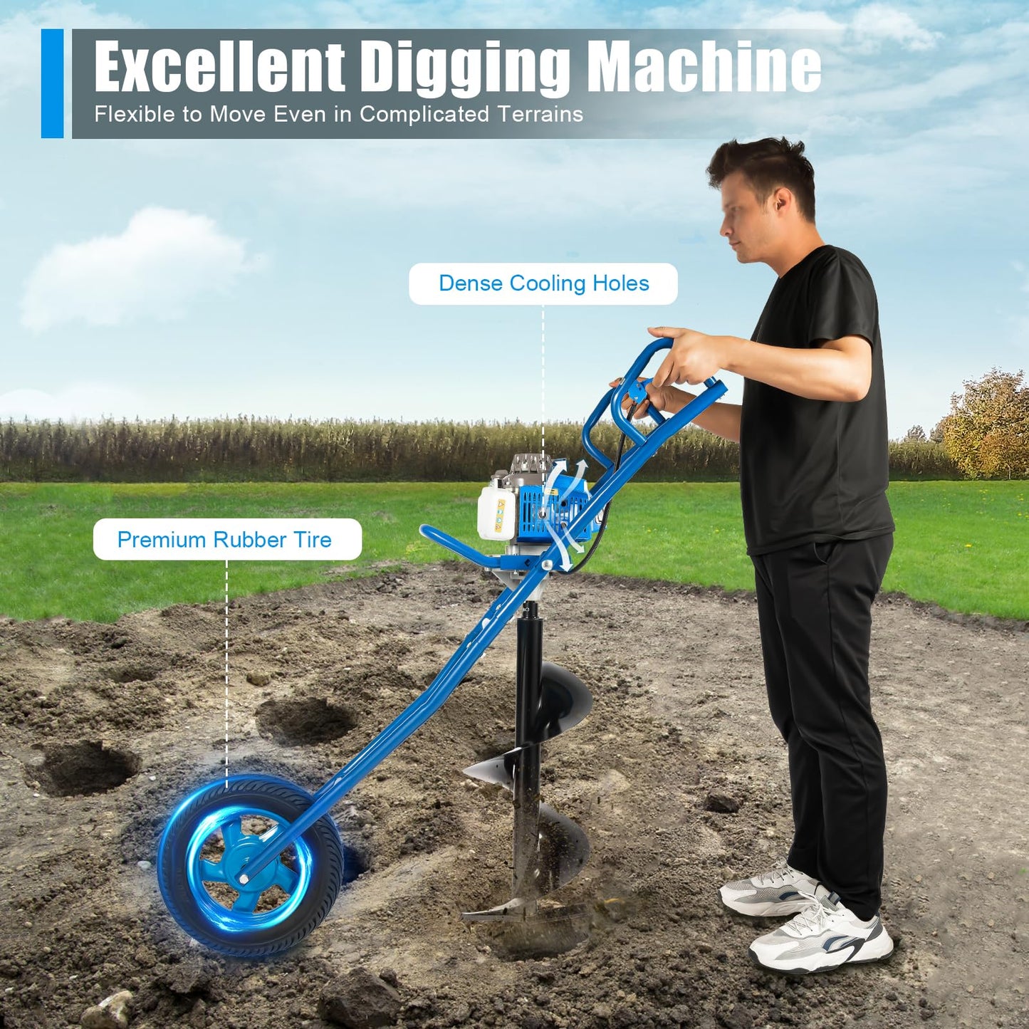 71CC 2-Stroke Gas Powered Earth Auger Post Hole Digger with 4"/6"/8" Drills, 3.13HP Hole Digging Machine Auger Spiral Drill Bit Borer Fence Ground Drill for Garden & Lawn Digging Planting Drilling