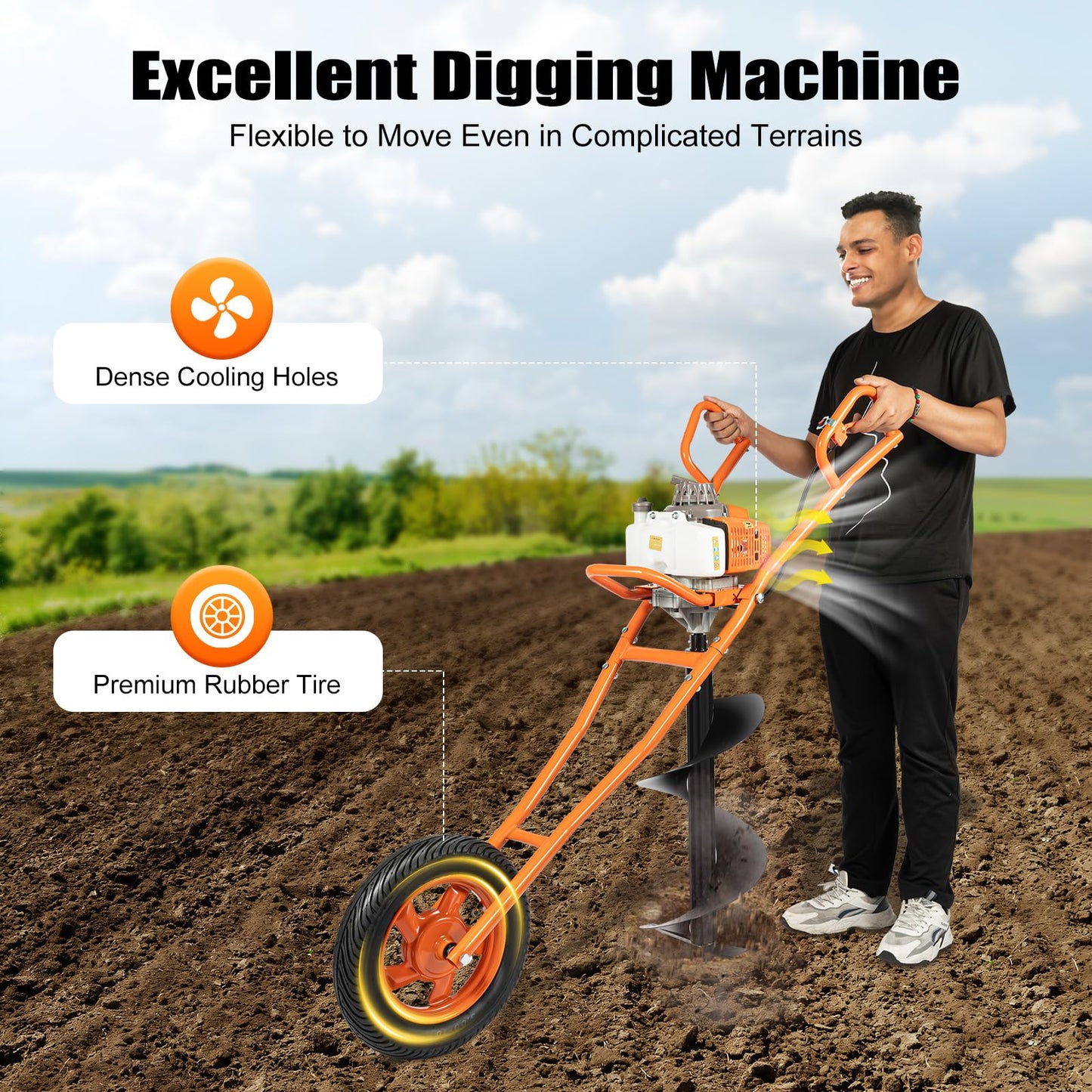 71CC 2-Stroke Gas Powered Earth Auger Post Hole Digger with 4"/6"/8" Drills, 3.13HP Hole Digging Machine Auger Spiral Drill Bit Borer Fence Ground Drill for Garden & Lawn Digging Planting Drilling
