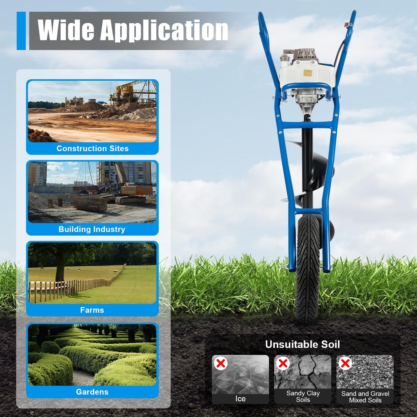 71CC 2-Stroke Gas Powered Earth Auger Post Hole Digger with 4"/6"/8" Drills, 3.13HP Hole Digging Machine Auger Spiral Drill Bit Borer Fence Ground Drill for Garden & Lawn Digging Planting Drilling