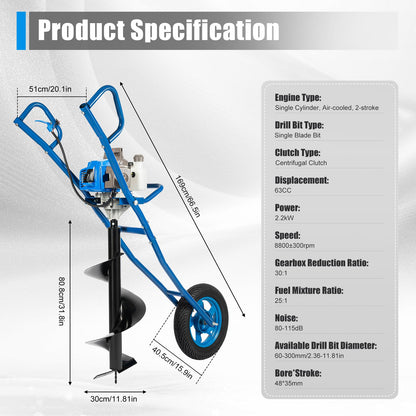 71CC 2-Stroke Gas Powered Earth Auger Post Hole Digger with 4"/6"/8" Drills, 3.13HP Hole Digging Machine Auger Spiral Drill Bit Borer Fence Ground Drill for Garden & Lawn Digging Planting Drilling