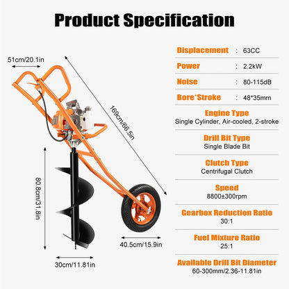 71CC 2-Stroke Gas Powered Earth Auger Post Hole Digger with 4"/6"/8" Drills, 3.13HP Hole Digging Machine Auger Spiral Drill Bit Borer Fence Ground Drill for Garden & Lawn Digging Planting Drilling
