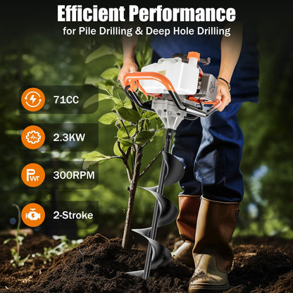 71CC 2-Stroke Gas Powered Earth Auger Post Hole Digger with 4"/6"/8" Drills, 3.13HP Hole Digging Machine Auger Spiral Drill Bit Borer Fence Ground Drill for Garden & Lawn Digging Planting Drilling