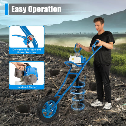 71CC 2-Stroke Gas Powered Earth Auger Post Hole Digger with 4"/6"/8" Drills, 3.13HP Hole Digging Machine Auger Spiral Drill Bit Borer Fence Ground Drill for Garden & Lawn Digging Planting Drilling