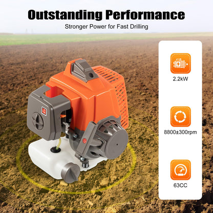 71CC 2-Stroke Gas Powered Earth Auger Post Hole Digger with 4"/6"/8" Drills, 3.13HP Hole Digging Machine Auger Spiral Drill Bit Borer Fence Ground Drill for Garden & Lawn Digging Planting Drilling