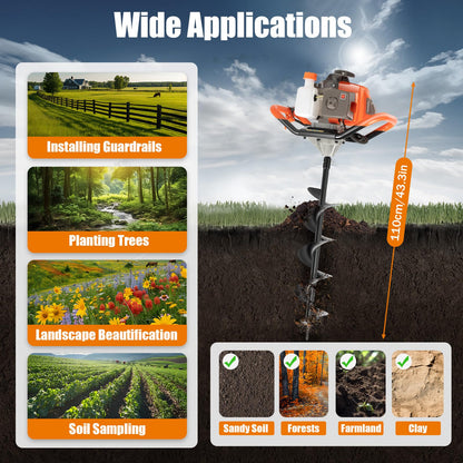 71CC 2-Stroke Gas Powered Earth Auger Post Hole Digger with 4"/6"/8" Drills, 3.13HP Hole Digging Machine Auger Spiral Drill Bit Borer Fence Ground Drill for Garden & Lawn Digging Planting Drilling