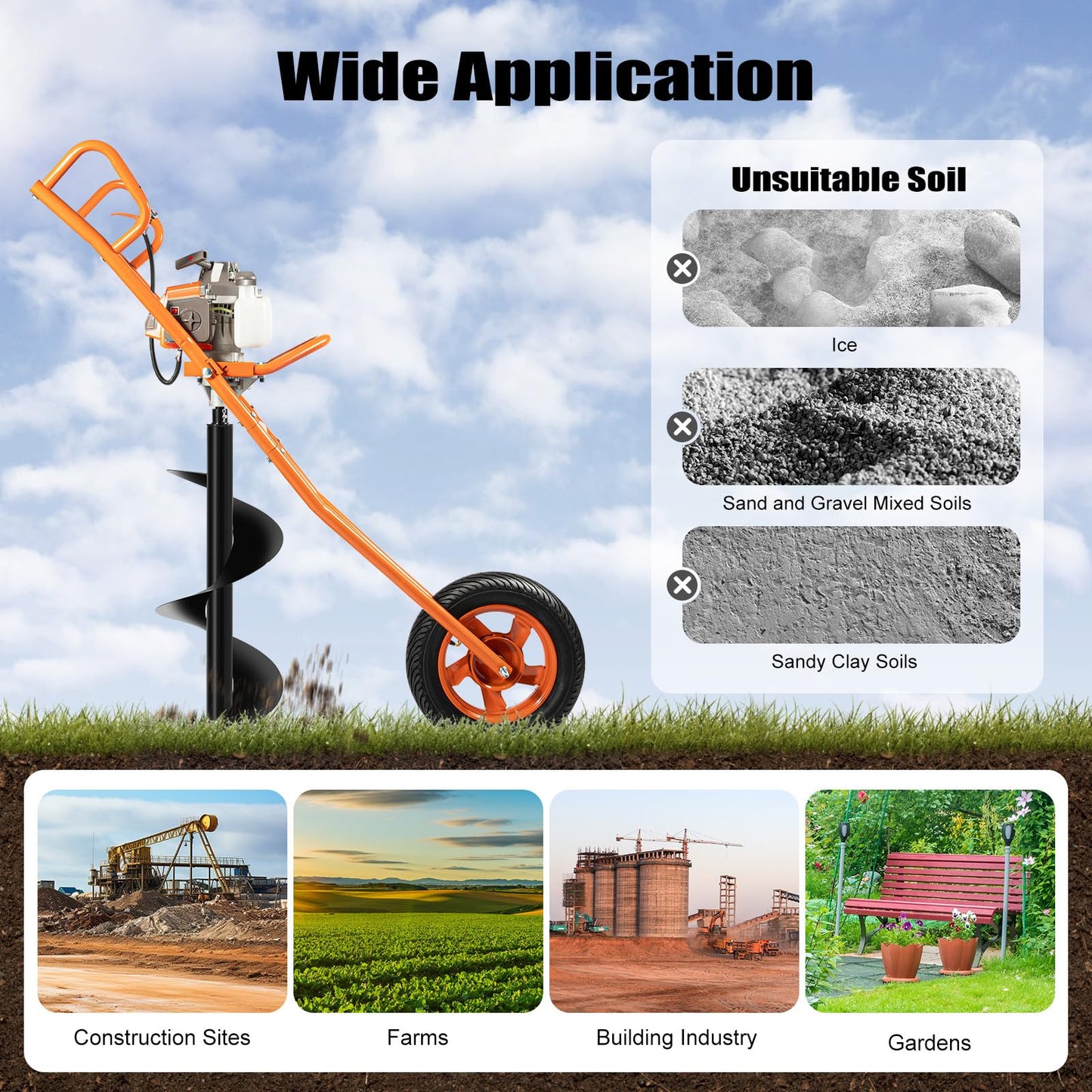 71CC 2-Stroke Gas Powered Earth Auger Post Hole Digger with 4"/6"/8" Drills, 3.13HP Hole Digging Machine Auger Spiral Drill Bit Borer Fence Ground Drill for Garden & Lawn Digging Planting Drilling